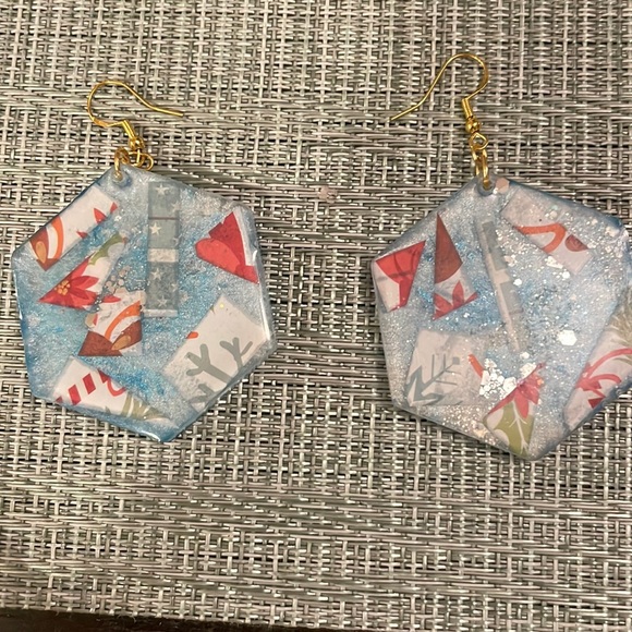 XMAS Handmade Festive Large Holiday Earrings Blue Hexagon - Picture 3 of 10